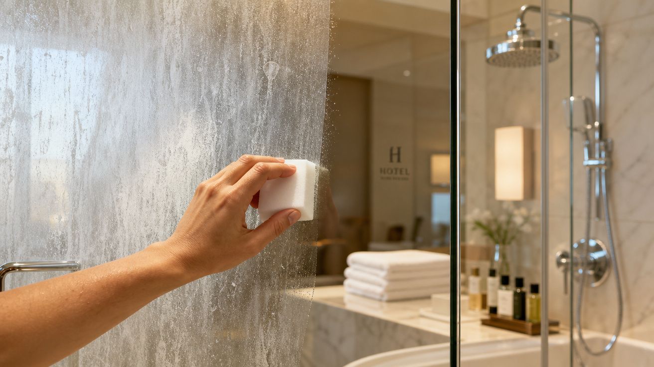 Mão a limpar vidraça de chuveiro com esponja em casa de banho moderna de hotel.
