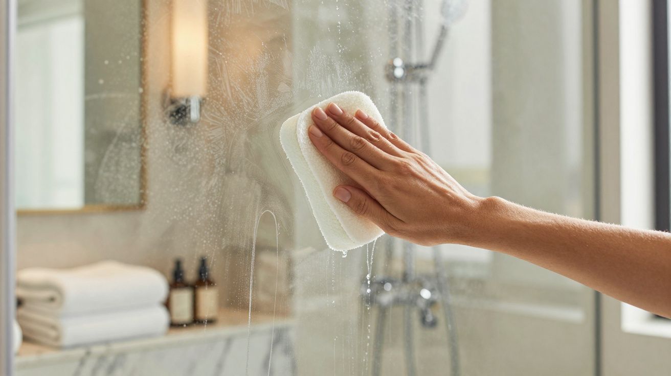 Mão a limpar um espelho de casa de banho com uma esponja branca, ambiente com toalhas e produtos de higiene.