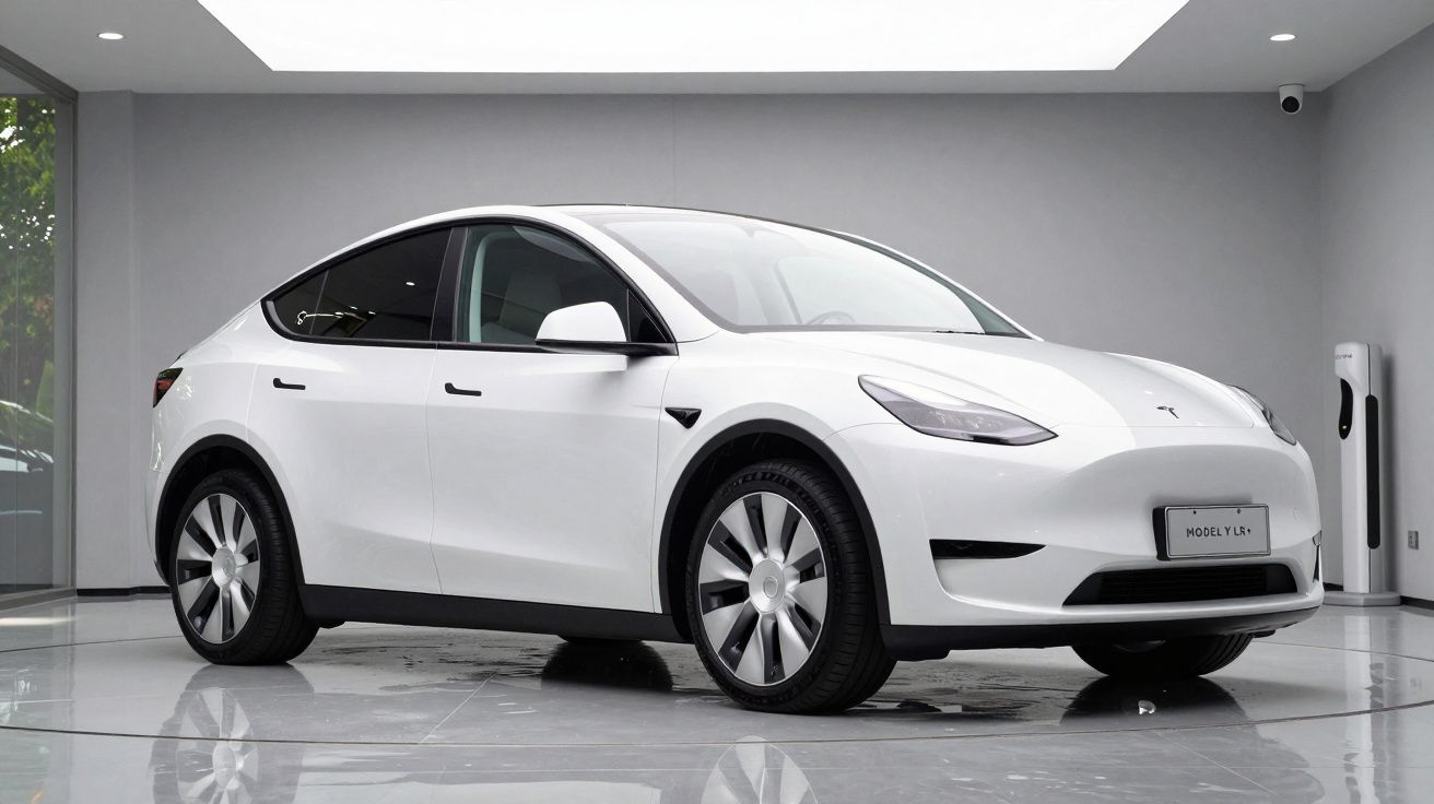 Carro elétrico Tesla Model Y de cor branca em exposição numa sala moderna e minimalista.