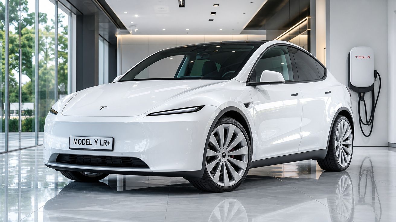 Carro elétrico Tesla Model Y LR+ branco estacionado dentro de showroom moderno junto a ponto de carregamento.