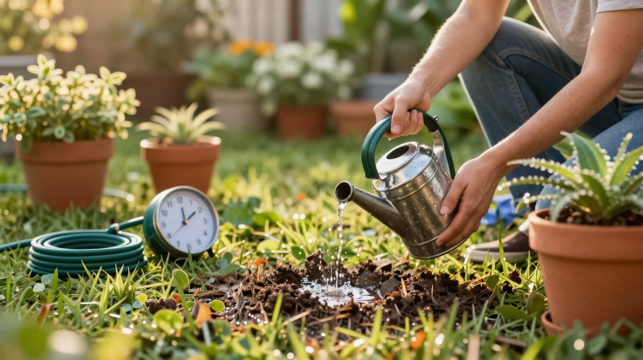 Pessoa a regar plantas com regador metálico num jardim com vaso e um relógio no chão.