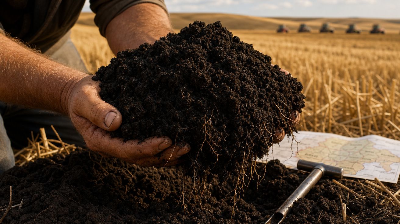 Mãos seguram terra fértil num campo agrícola com mapa e maquinaria ao fundo durante a colheita.
