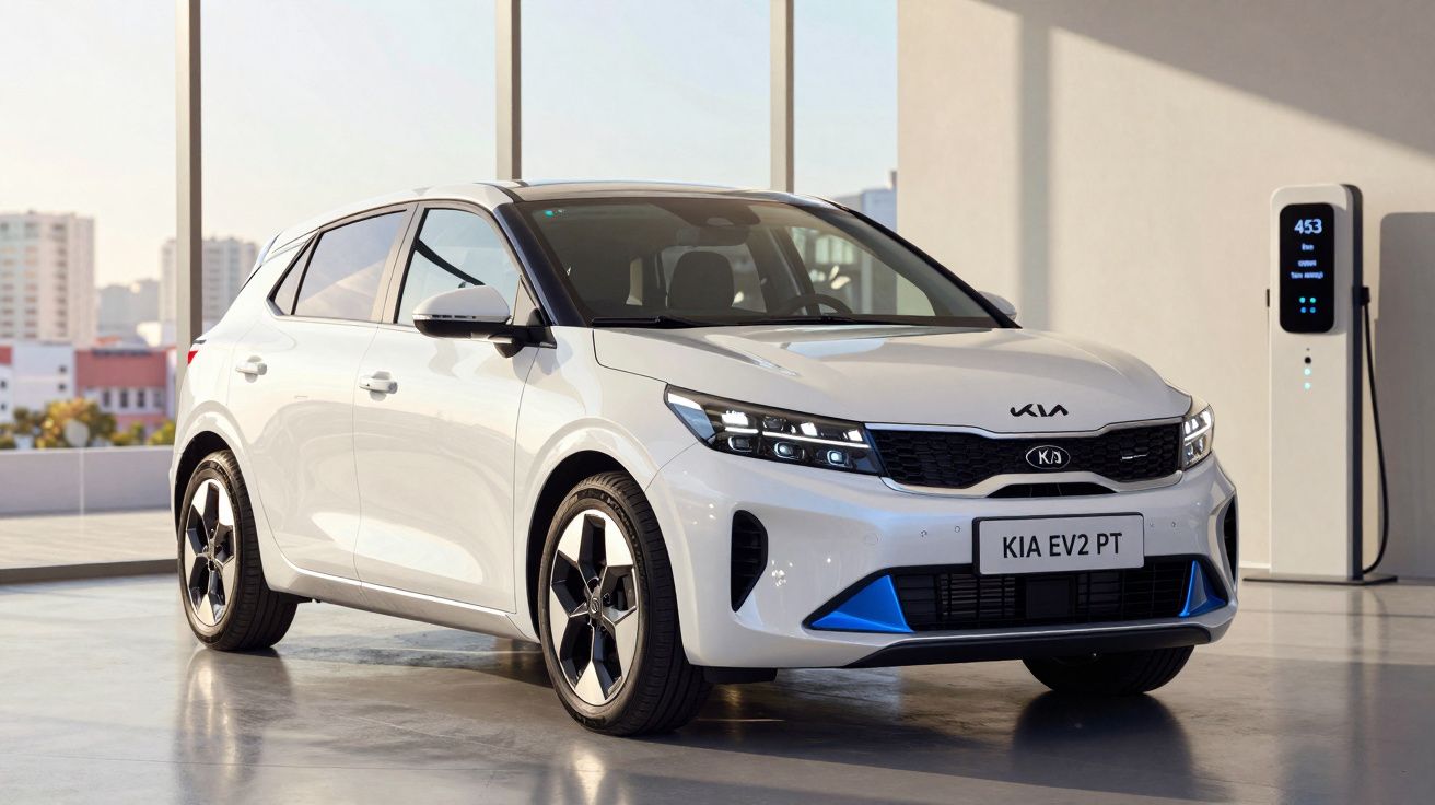 Automóvel elétrico branco KIA EV2 PT estacionado num espaço interior com posto de carregamento ao fundo.