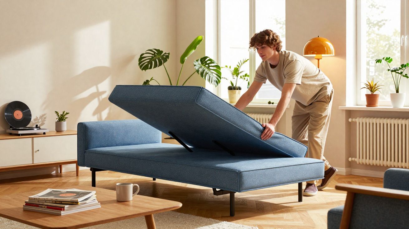 Homem a transformar sofá azul numa cama numa sala com plantas e luz natural.