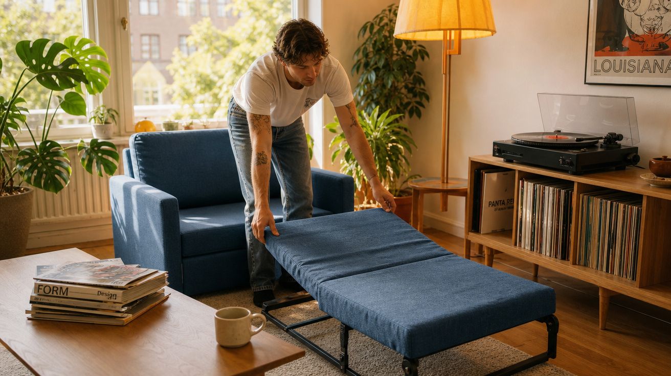 Homem a transformar sofá azul num sofá-cama numa sala de estar luminosa com plantas e vinis.