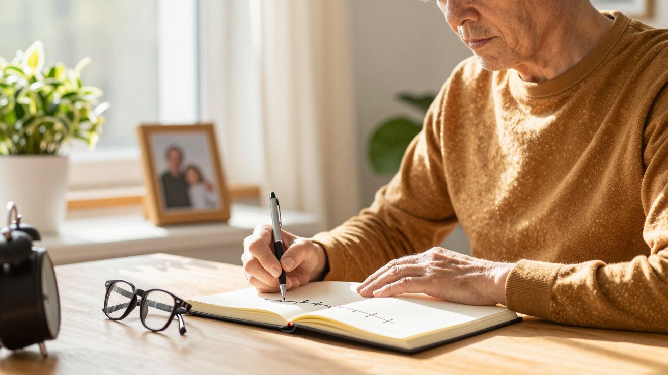 Homem idoso sentado a escrever num caderno aberto sobre uma mesa com óculos e despertador, luz natural de janela.