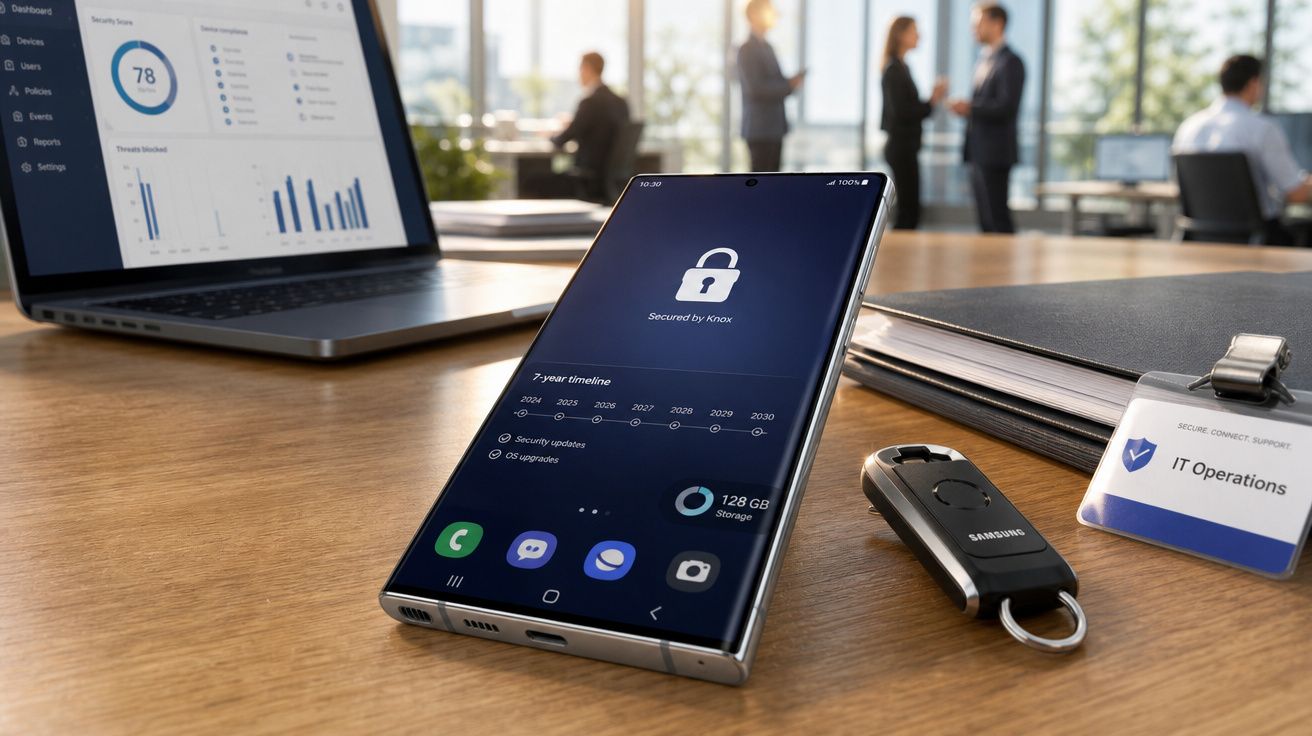 Smartphone com ecrã bloqueado e gráficos de segurança, junto a computador portátil e crachá IT Operations numa mesa de escrit