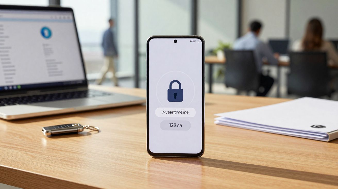 Smartphone Samsung com ecrã bloqueado exibindo armazenamento de 128 GB sobre mesa com laptop, chave e papéis.