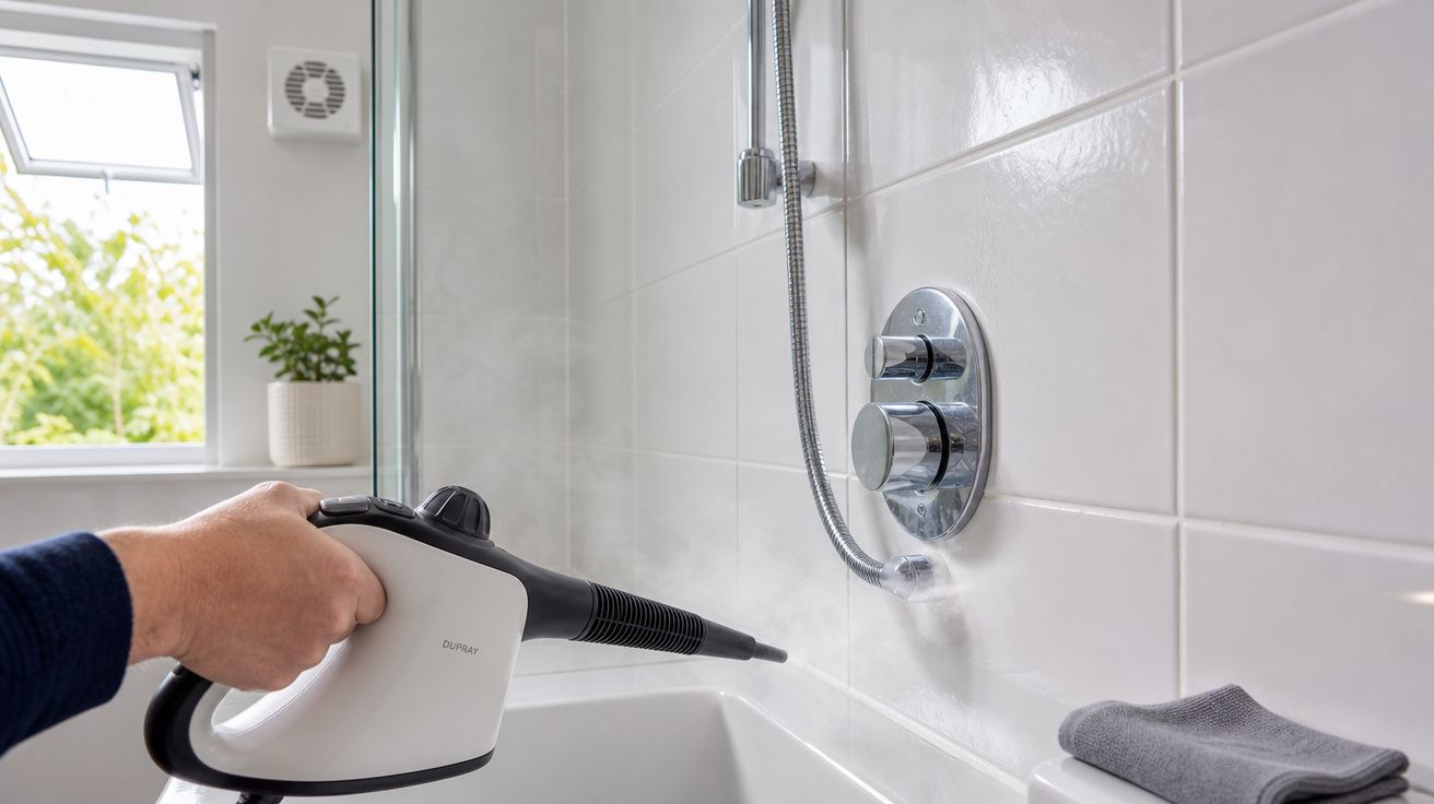 Pessoa a limpar azulejos da casa de banho com vaporizador branco junto a banheira branca.
