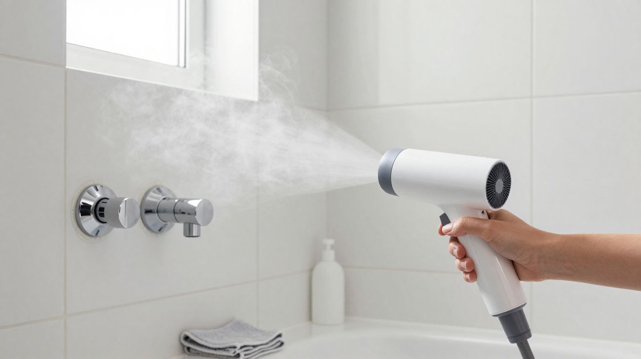 Pessoa a limpar parede de azulejos de casa de banho com secador emitindo vapor.