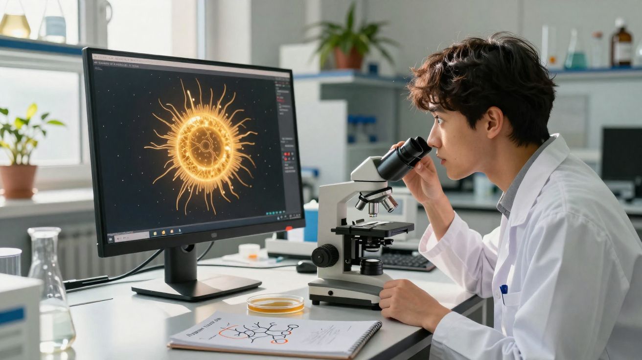 Cientista analisa amostra ao microscópio com imagem digital de vírus na tela do computador.