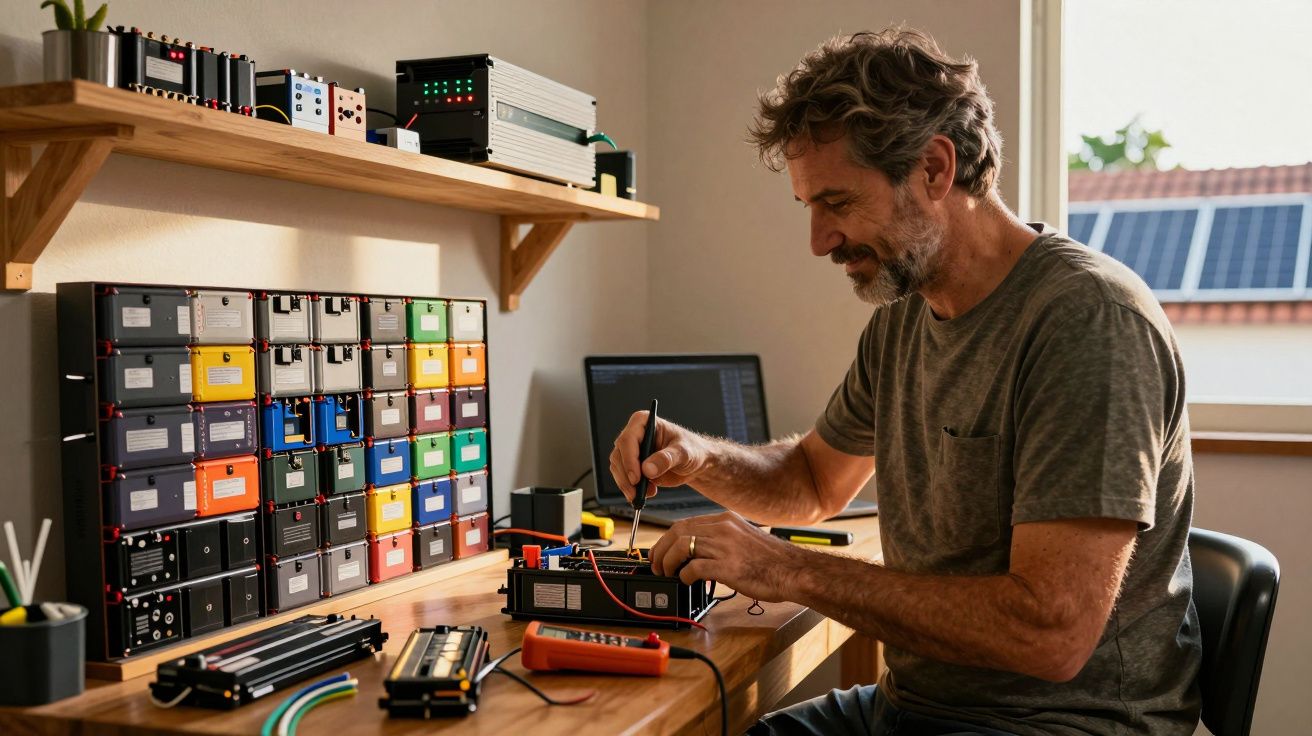Homem a trabalhar com componentes eletrónicos numa mesa com várias baterias coloridas ao fundo.