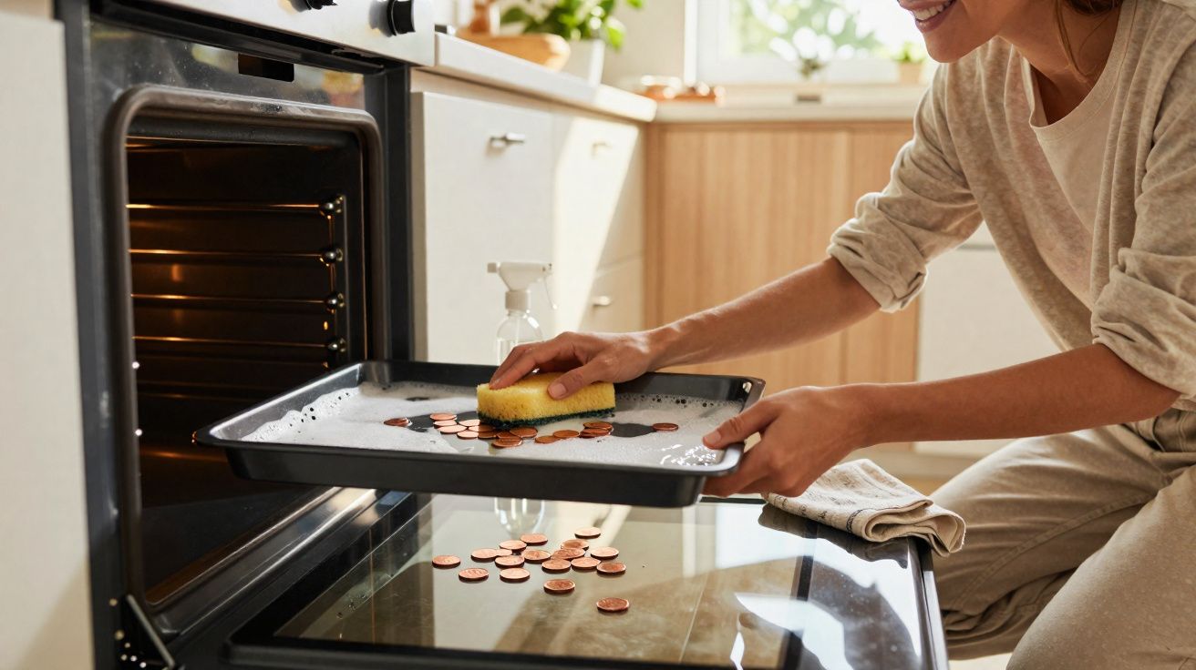 Pessoa limpa uma forma de forno com uma esponja enquanto várias moedas estão espalhadas na forma e na porta do forno.