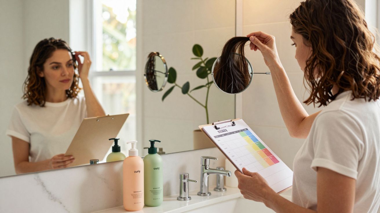 Mulher na casa de banho analisa pontas do cabelo com calendário de tratamento capilar na mão.