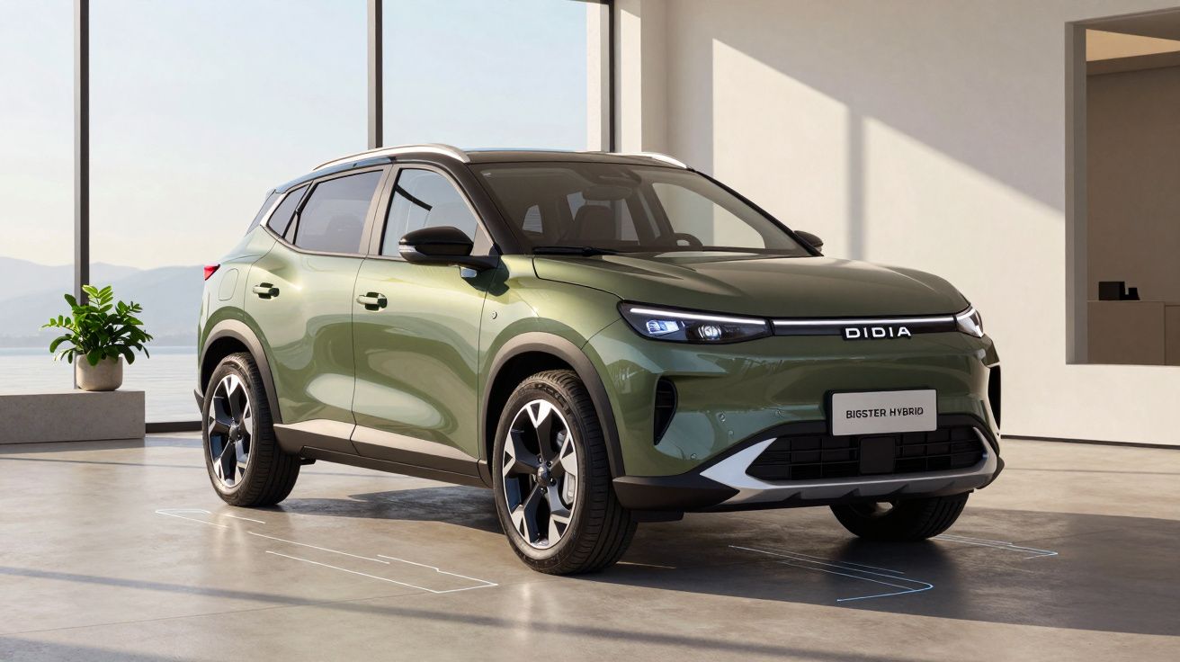 SUV híbrido verde brilhante estacionado em garagem moderna com grandes janelas e luz natural.
