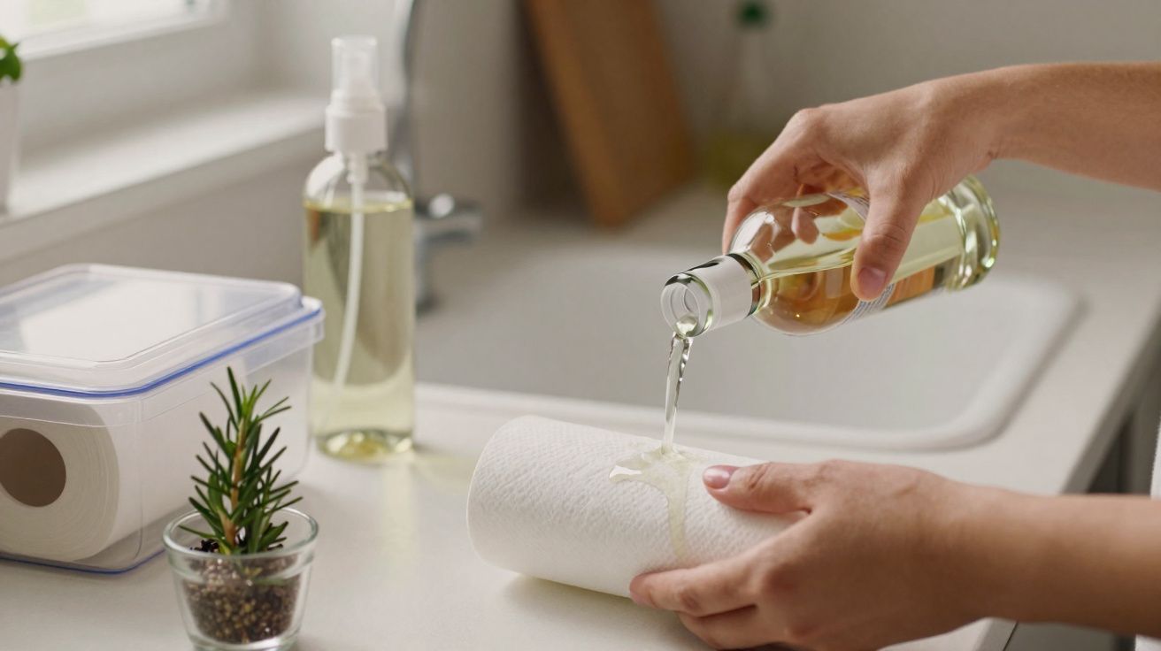 Mãos a derramar líquido sobre um rolo de papel numa bancada com plantas e recipientes transparentes.