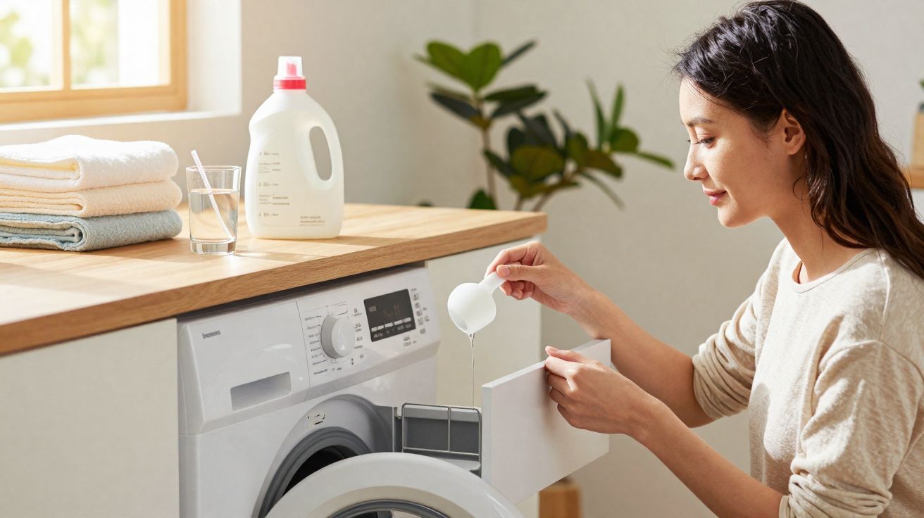 Mulher a colocar detergente na máquina de lavar roupa num ambiente doméstico iluminado.