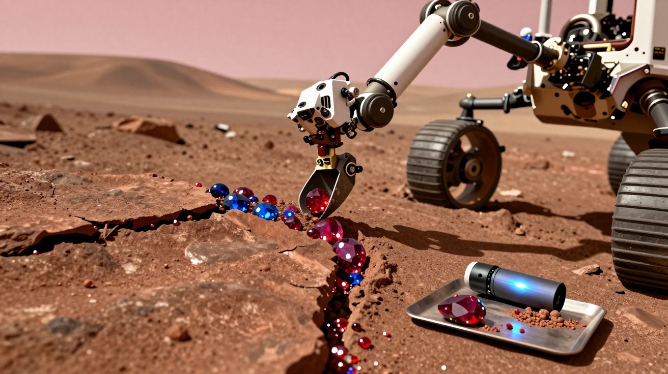 Rover exploratório recolhe amostras preciosas de minerais vermelhos e azuis numa paisagem marciana árida.