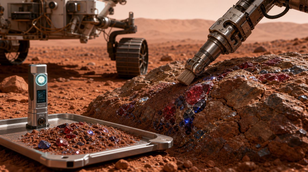Rover em Marte escova rocha colorida para análise científica com bandeja de amostras ao lado.