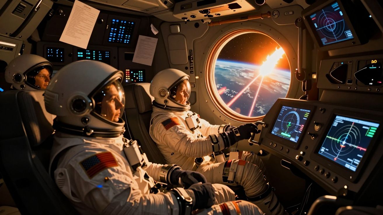 Astronautas em fatos espaciais dentro de nave a observar planeta terra através de janela redonda com painel digital.