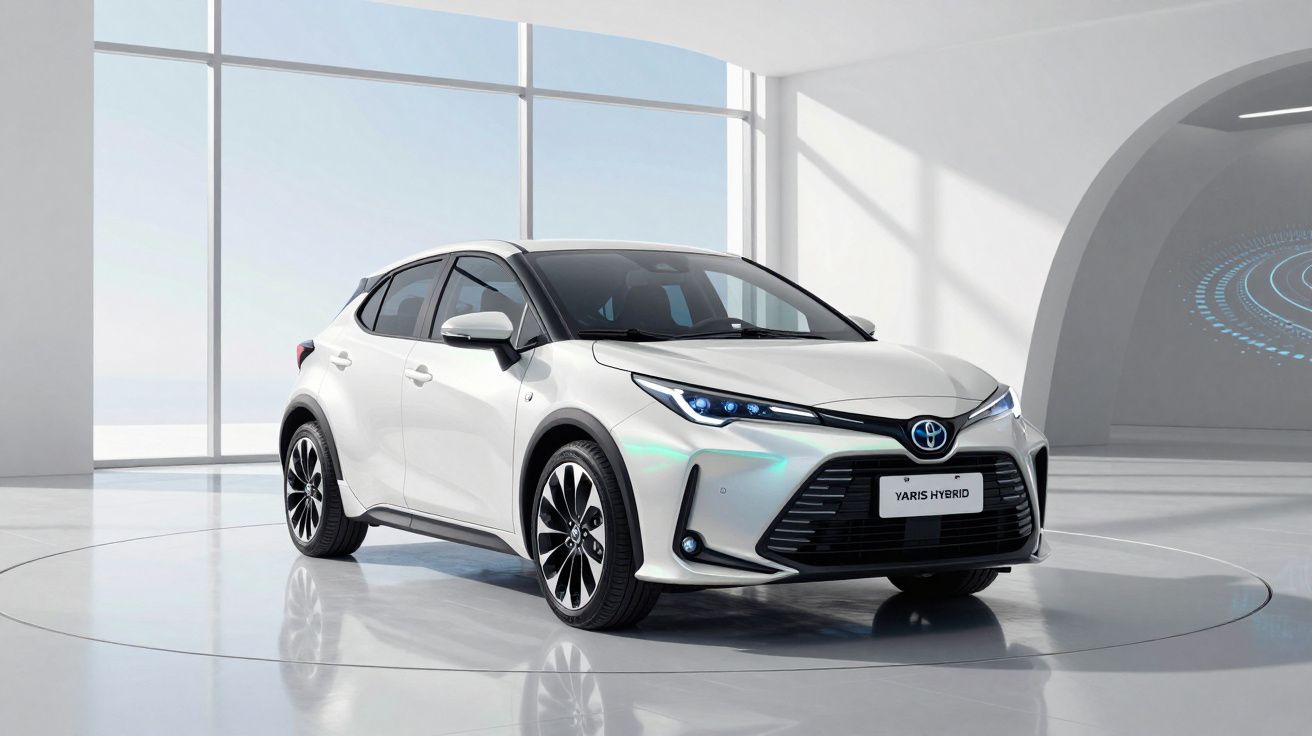 Toyota Yaris Hybrid branco estacionado num espaço interior moderno e luminoso.