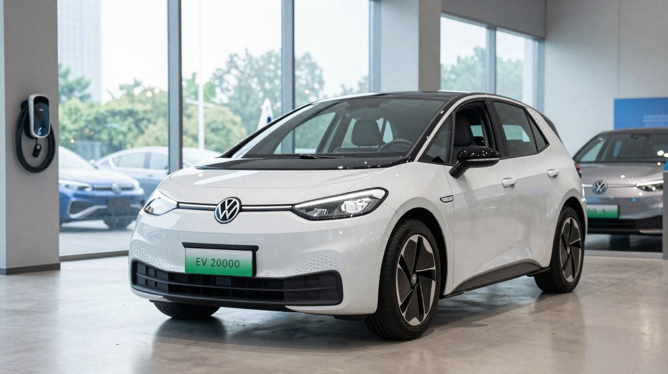 Carro elétrico branco Volkswagen ID.3 estacionado interiormente junto a carregador elétrico na parede.