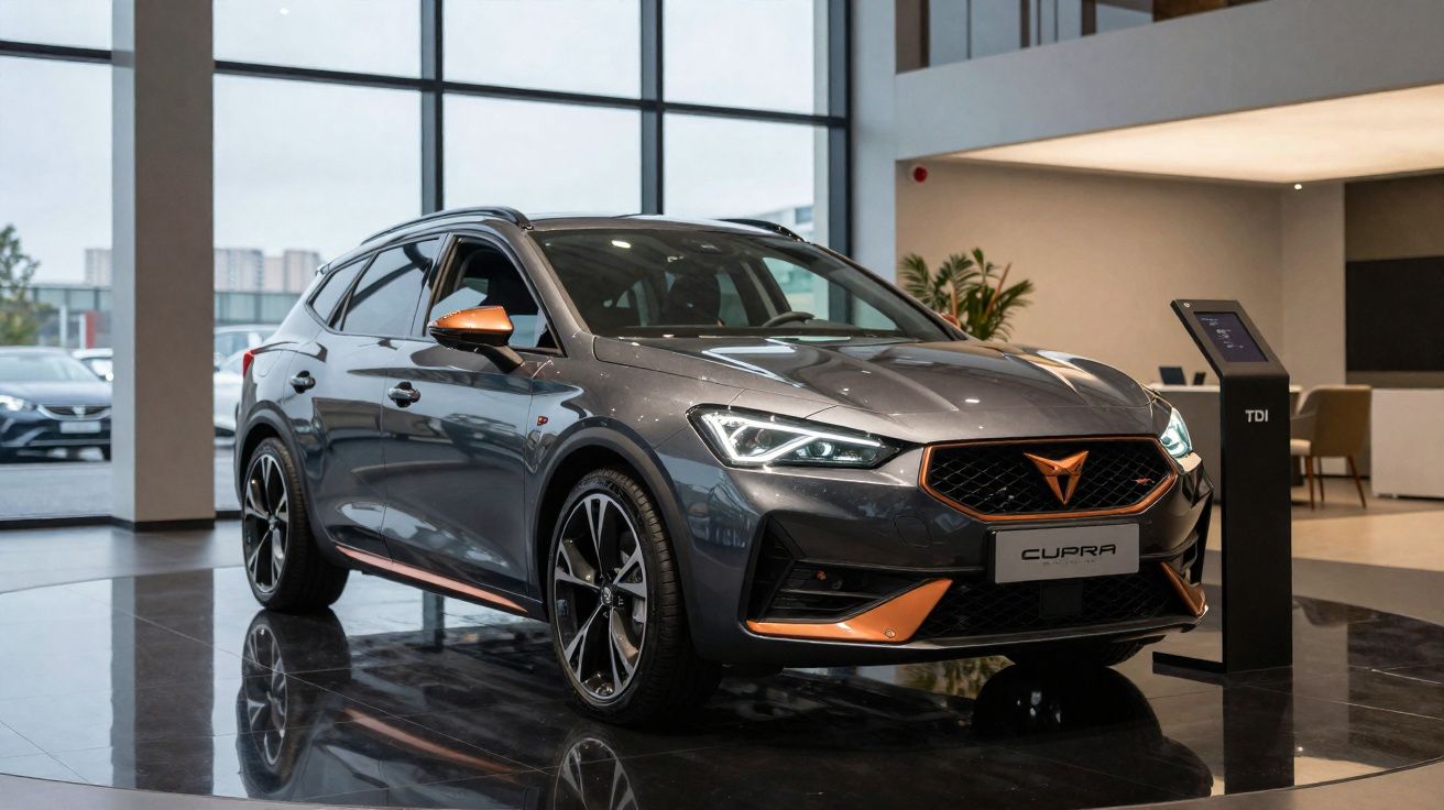 Cupra SUV cinzento com acentos laranja, apresentado num showroom moderno com piso espelhado.