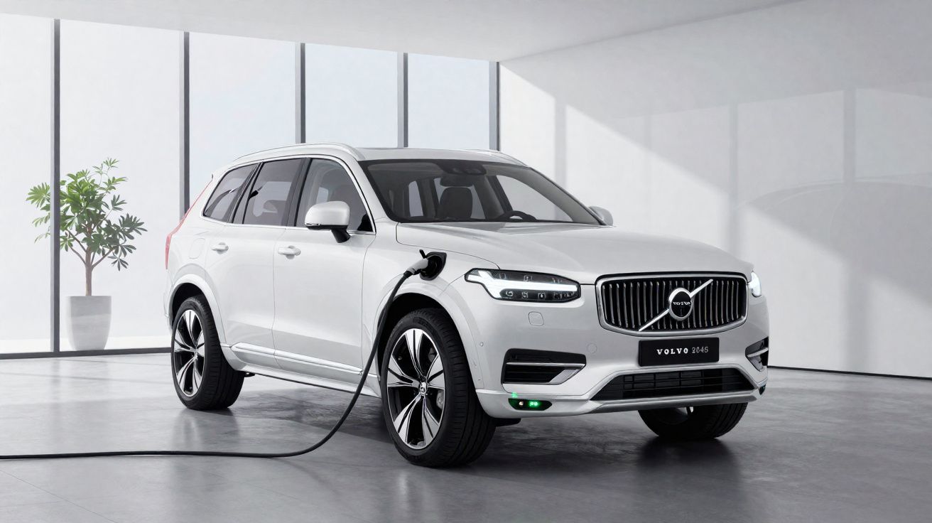 Carro elétrico branco Volvo XC90 carregando em sala moderna com luz natural e planta decorativa.