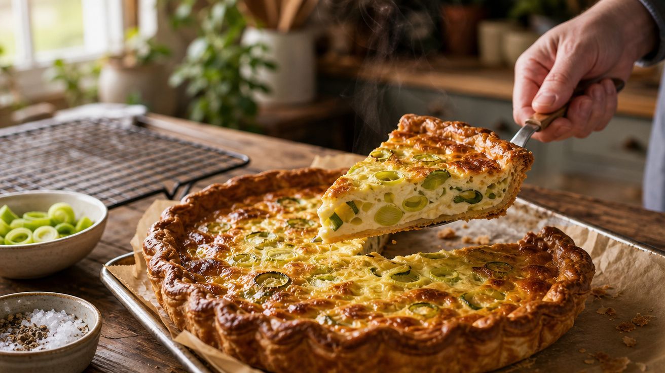 Tarte rústica de alho-francês com crosta dourada, fatia pronta a ser servida numa cozinha acolhedora.