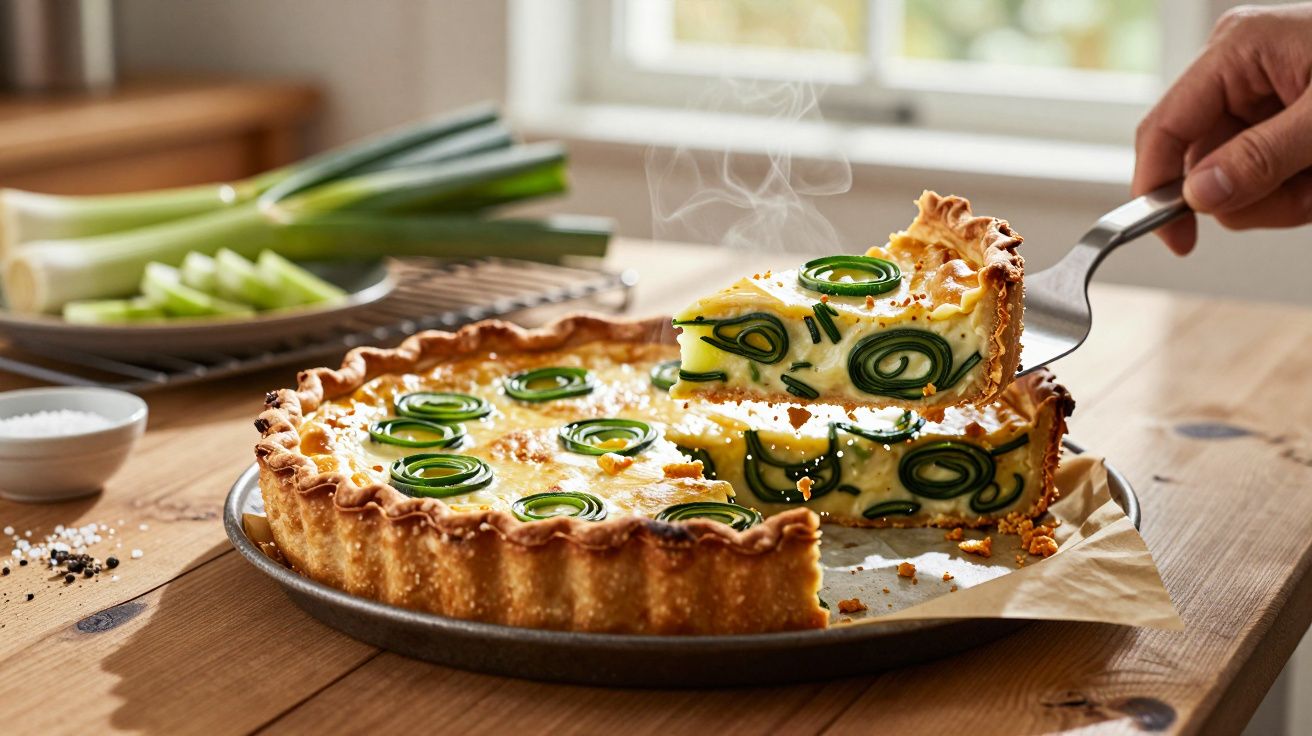 Tarte de queijo com espiral de legumes verdes a ser servida com vapor subir numa cozinha iluminada.