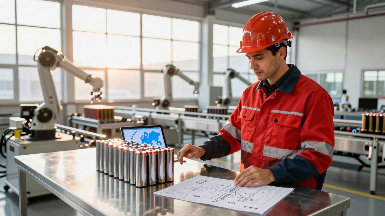 Trabalhador com capacete vermelho a analisar baterias e plantas numa fábrica moderna com robôs industriais.