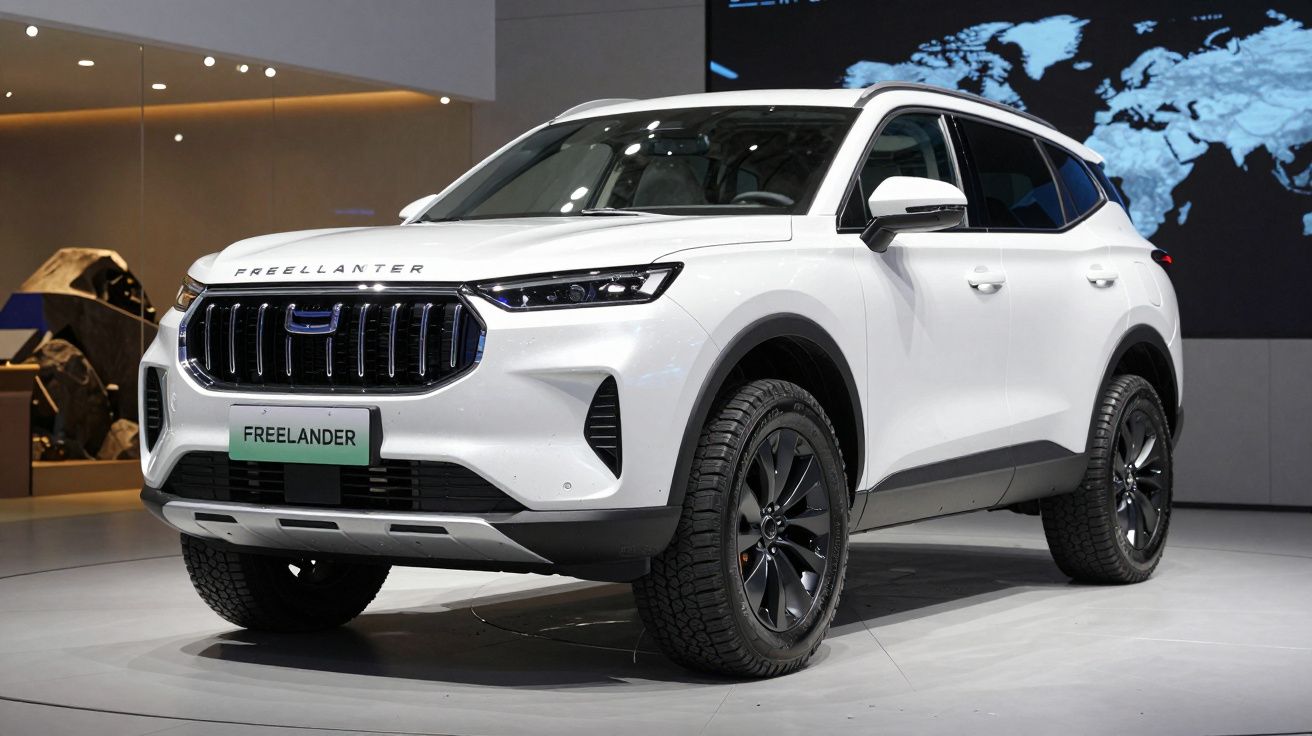 Carro SUV branco Freelander exposto em sala moderna com iluminação e ecrã digital ao fundo.