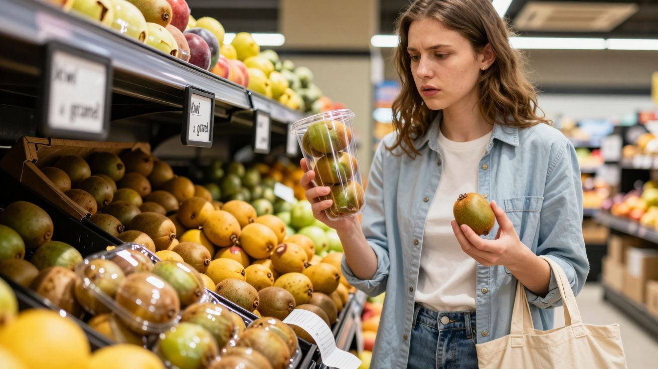 Mulher a escolher kiwis embalados num mercado, olhando atentamente um fruto na mão.