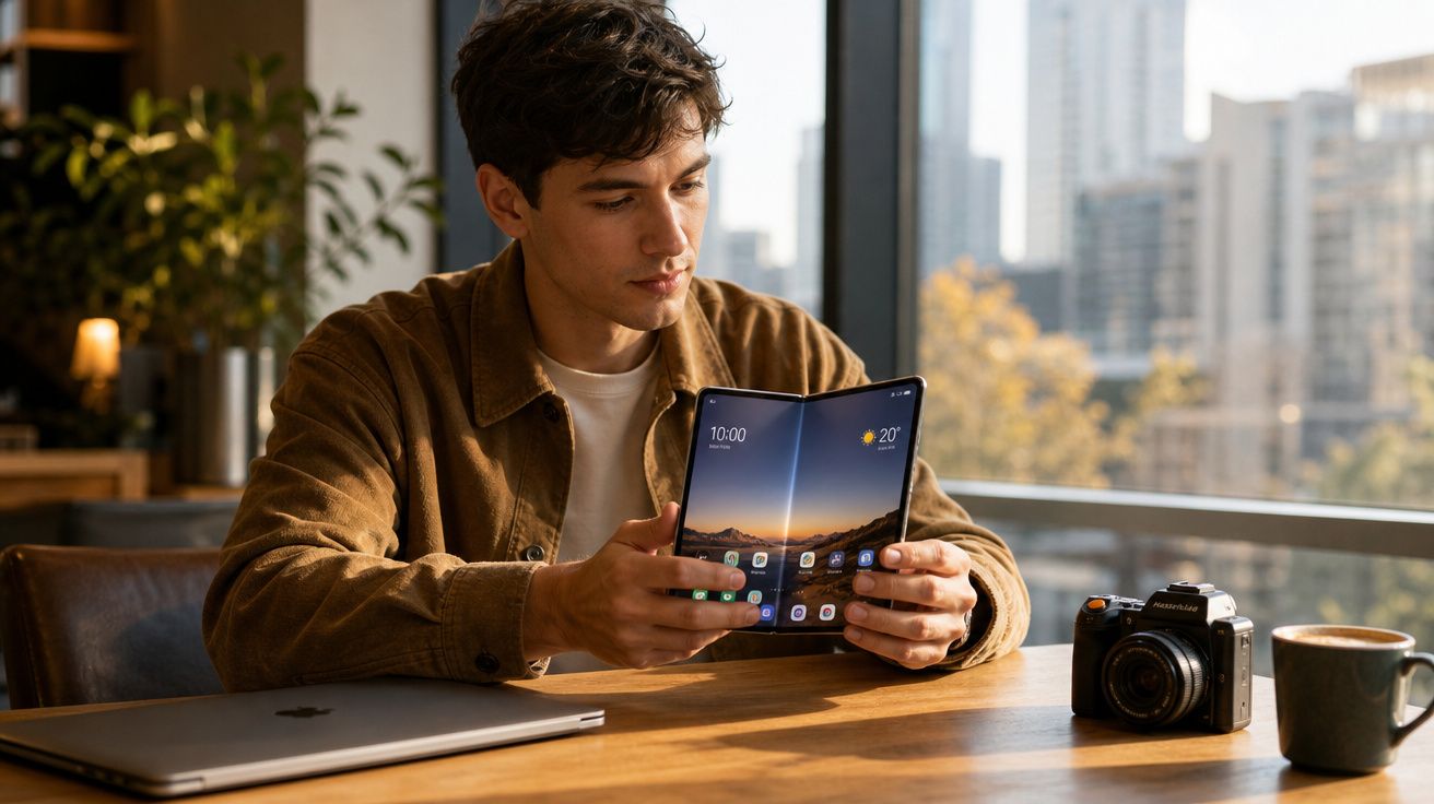 Homem sentado numa mesa a usar um telemóvel dobrável, com laptop, câmera e caneca à sua frente.