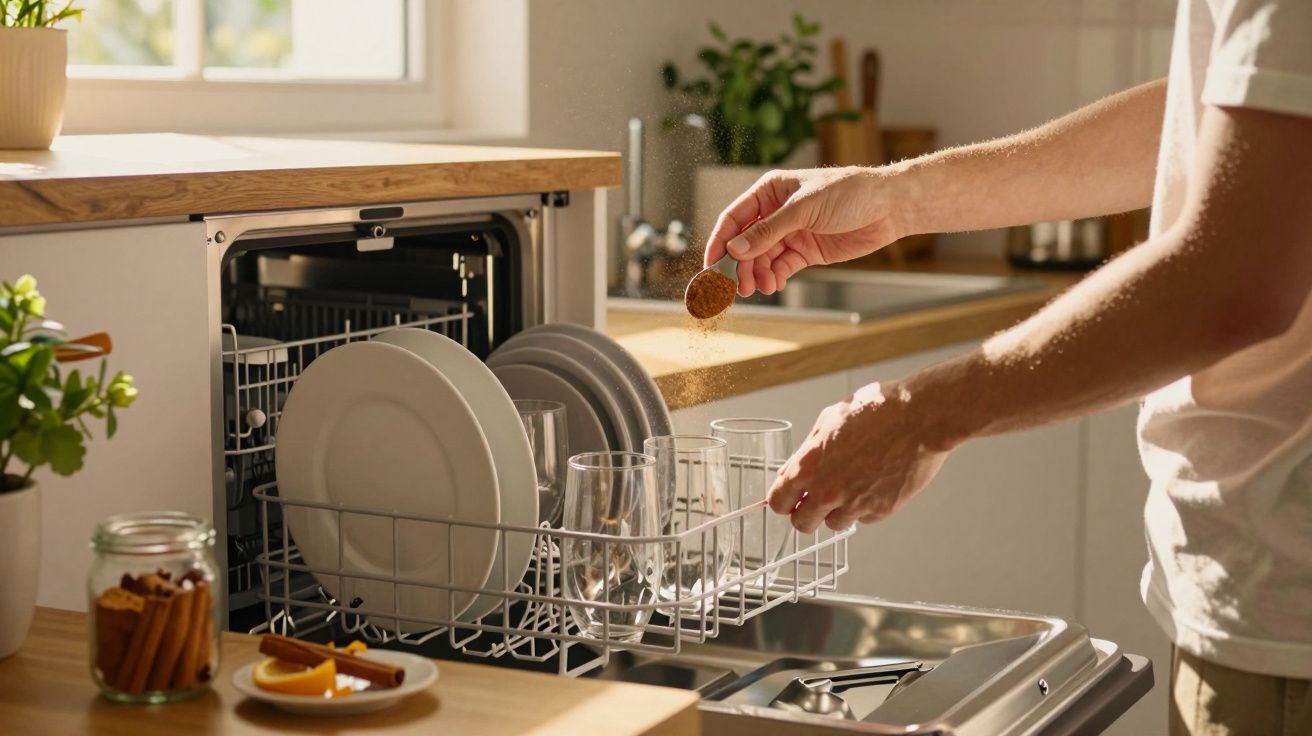 Pessoa a colocar pastilha de detergente numa máquina de lavar loiça com pratos e copos transparentes.