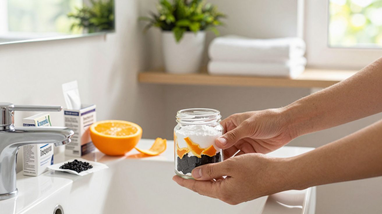 Mãos seguram jarro com ingredientes naturais, como cascas de laranja, perto de uma pia num ambiente luminoso.