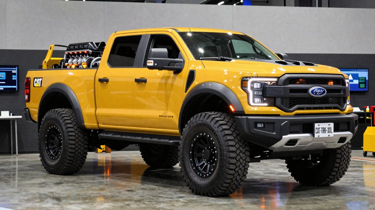 Pick-up Ford amarela com pneus robustos em exposição interna.