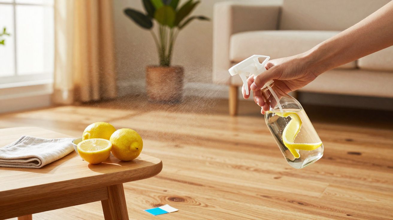 Mão a borrifar spray com casca de limão num chão de madeira junto a limões sobre uma mesa baixa.
