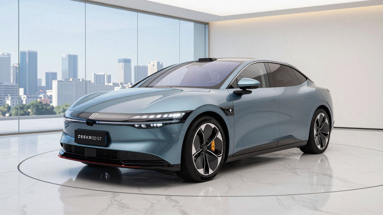 Carro elétrico desportivo Zeekr 009 azul num salão moderno com vista urbana através de vidros grandes.