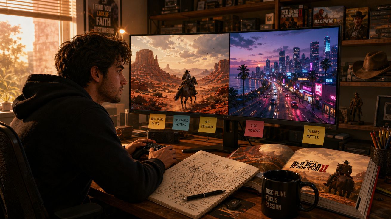 Homem com comando de videojogo à frente de dois ecrãs a mostrar paisagens de Red Dead Redemption II numa secretária com livro