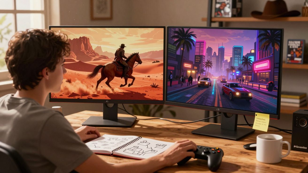 Pessoa a jogar videojogo com dois ecrãs, um com cenário deserto e outro com cidade neon à noite.