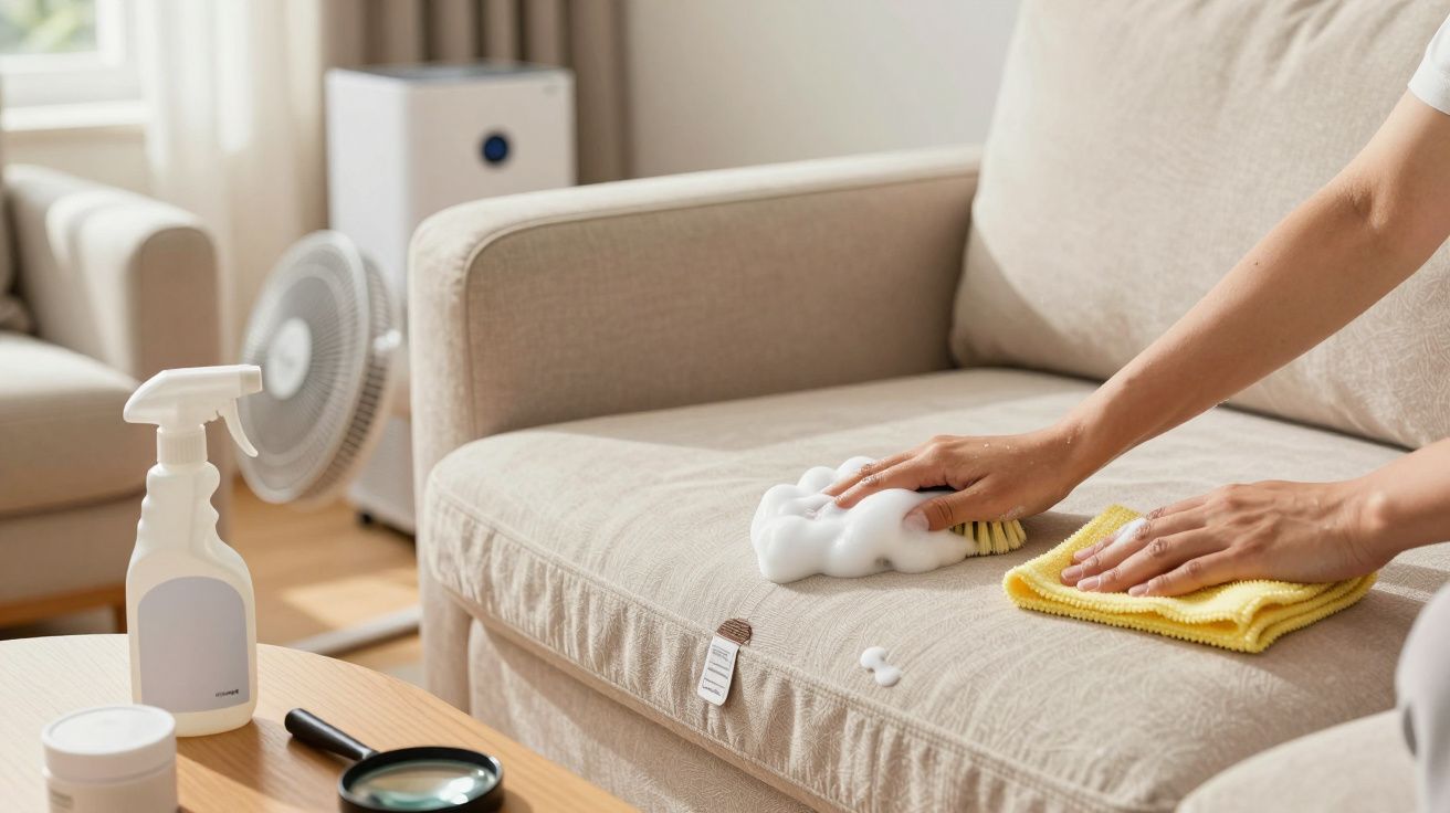 Pessoa a limpar um sofá bege com escova e espuma, ao lado de produtos de limpeza num ambiente interior iluminado.