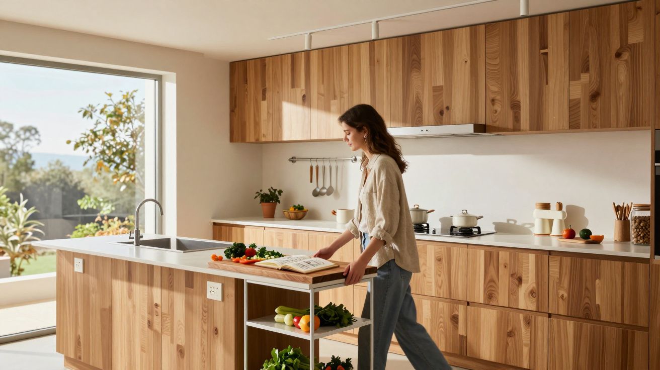 Mulher numa cozinha moderna de madeira a consultar uma receita com vegetais frescos à volta.