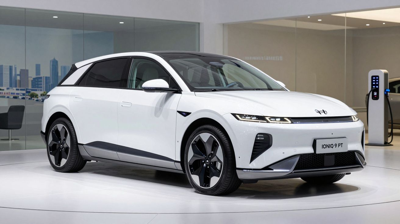 Carro elétrico branco Ioniq 9 exposto em salão moderno com carregador ao fundo.