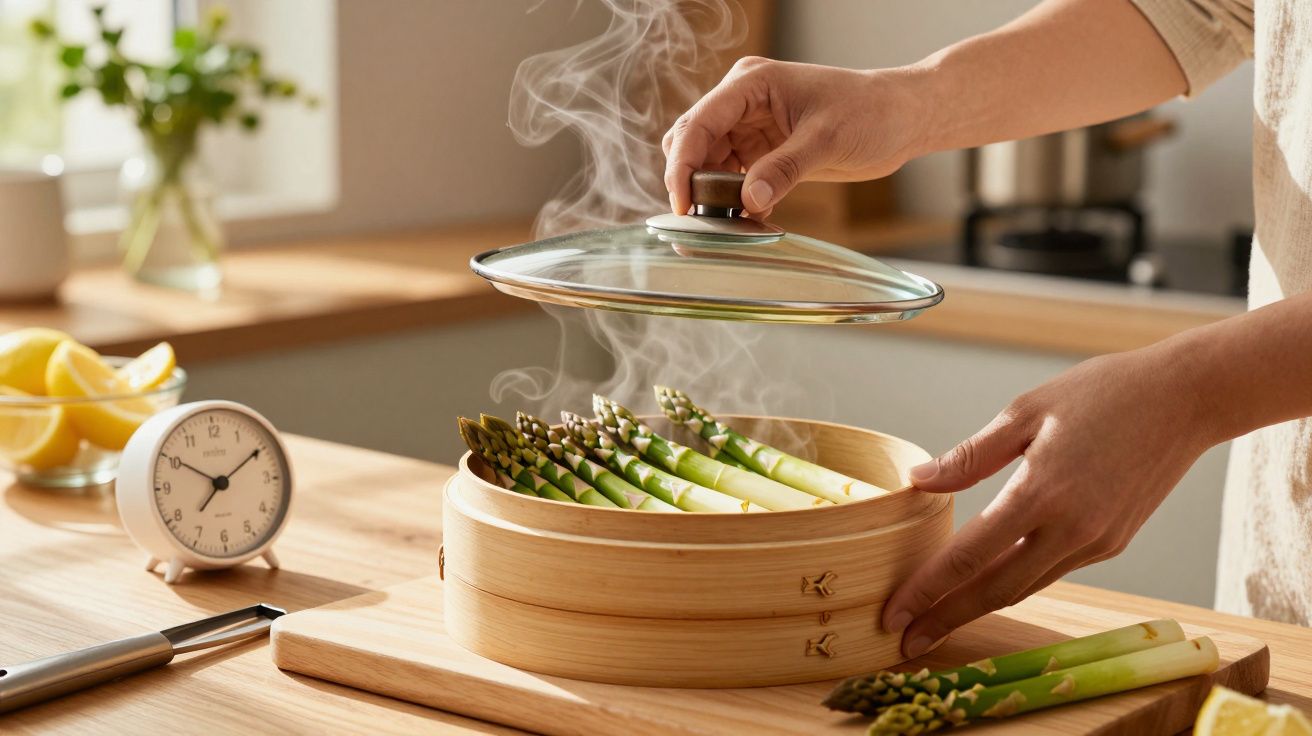 Mãos a levantar tampa de panela a vapor com espargos verdes a cozinhar numa cozinha luminosa.