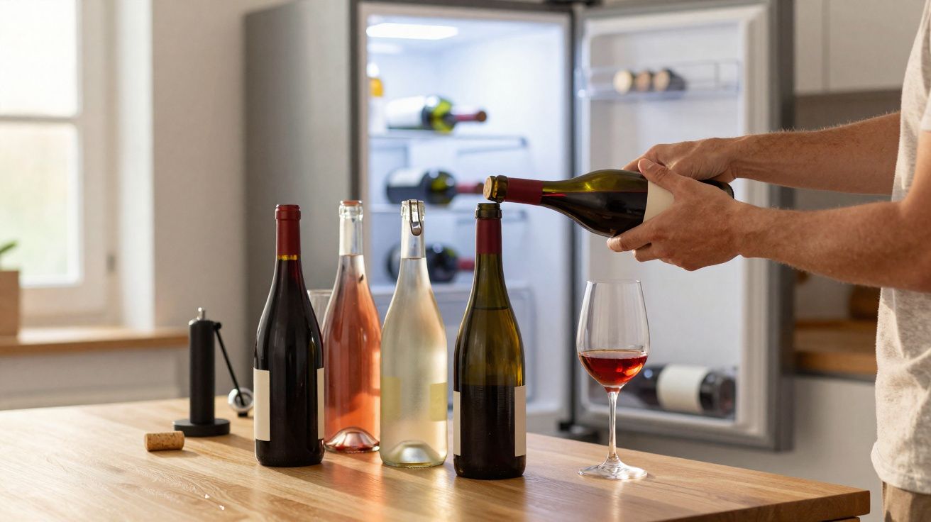 Pessoa a servir vinho tinto numa taça junto a várias garrafas e um frigorífico aberto numa cozinha.