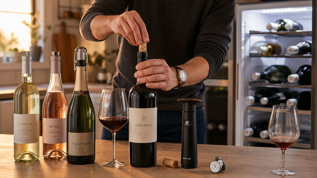 Pessoa a abrir garrafa de vinho tinto numa cozinha com várias garrafas e copos sobre a bancada.