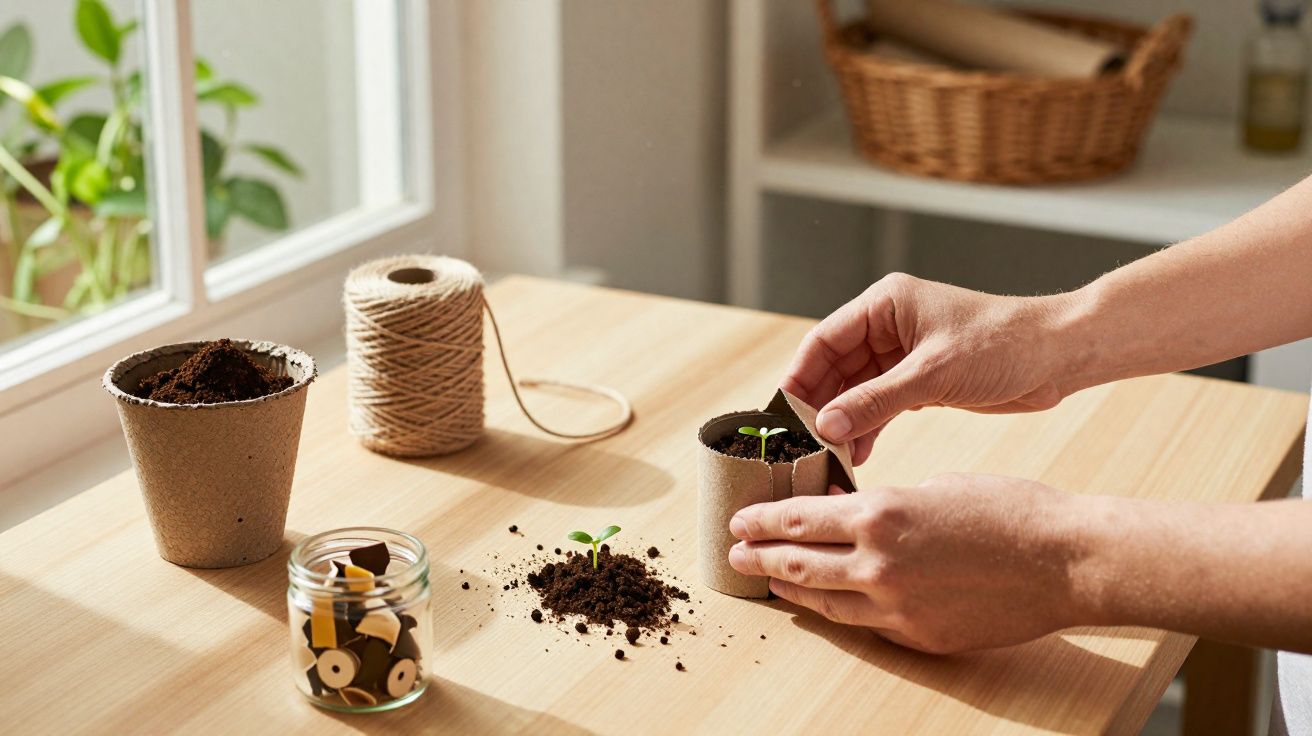 Mãos a transplantar uma pequena planta de um vaso de cartão para o solo numa mesa iluminada junto à janela.