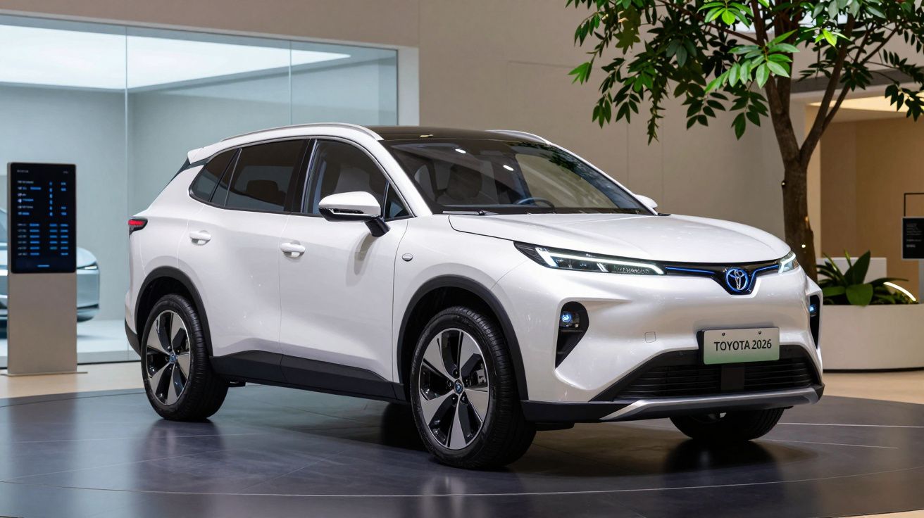 SUV branco da Toyota modelo 2026 exposto num salão moderno com iluminação interior e plantas.