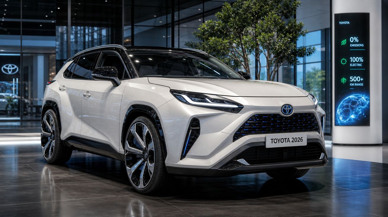 Automóvel elétrico Toyota modelo 2026 exposto em showroom moderno com iluminação refletida no chão.